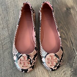 Tory Burch Minnie Travel Ballet Stamped Snake Printed Leather Blush Pink Size 6